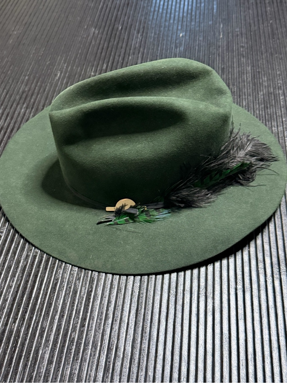 Free People Dark Green Felt Fedora with Feather Accent